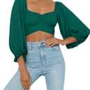 LYANER Women's Cute Off Shoulder Long Sleeve Self Tie Knot Crop Tube Top Blouse (Green, S)