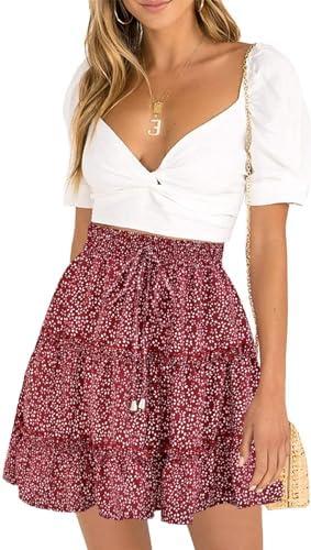 DooMoni Women's High Waisted Floral Mini Skirt Drawstring Boho Print Ruffle Summer Short Skirts, Size M DooMoni Women's High Waisted Floral Mini Skirt Drawstring Boho Print Ruffle Summer Short Skirts, Size M