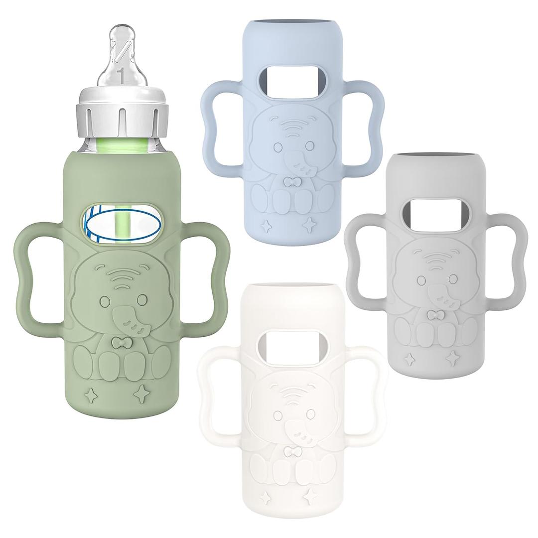 KingKam 4 Pack Silicone Sleeves for Dr. Brown's Glass Baby Bottles, Drop Protection Bottle Sleeves with Handles, Compatible with Dr. Brown's Anti-Colic Options+ Narrow Glass Baby Bottles, 8 oz/250 mL (Blue + Green + White + Grey 8OZ)
