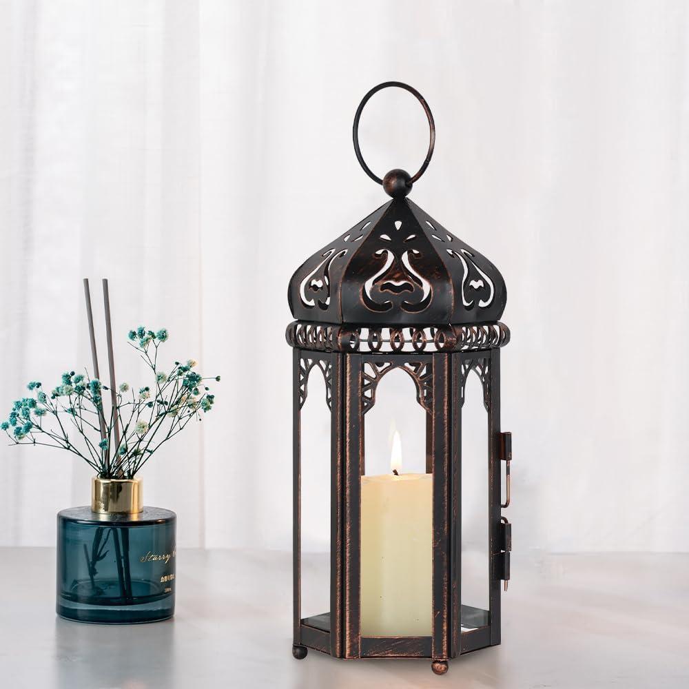 DECORKEY Vintage Medium Size Candle Lantern Decorative, Moroccan Style Vintage Hanging Lantern with Clear Glass, Metal Tabletop Lantern Decor, Indoor Outdoor Candle Holders for Coming Season