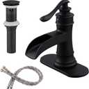 BWE Matte Black Bathroom Faucet, Waterfall Bathroom Faucet Sink Lavatory Single Hole Faucets One Handle Bath Antique with Brass Pop Up Drain Stopper Mixer Tap Overflow Water Supply Line