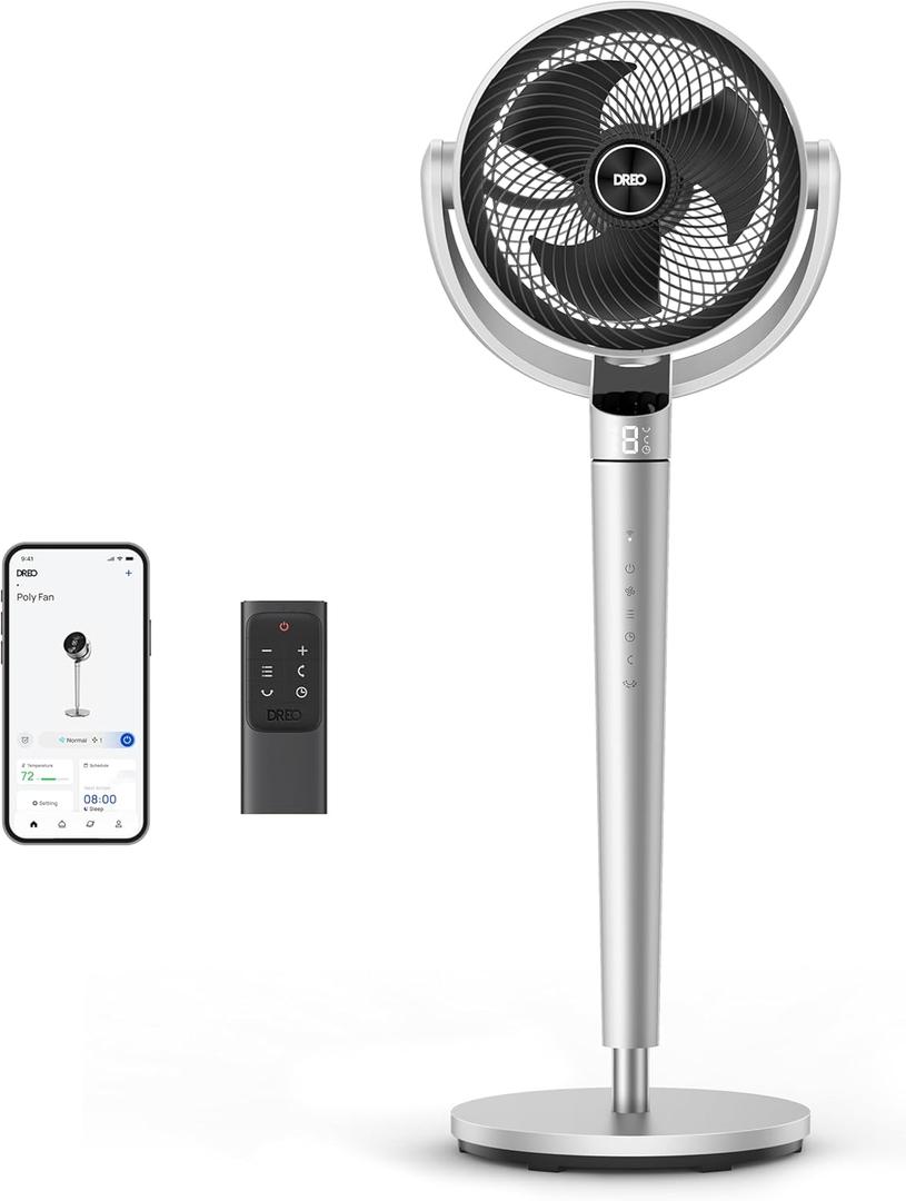 Dreo Smart Fan for Bedroom, 110ft Pedestal Fan with DC Motor, 150+120 Omni-Directional Oscillation, Quiet Floor Fan with Smart Control, 9 Speeds, 6 Modes, 43'' Inches, 12H Timer, Wi-Fi/Voice/Alexa (Silver)