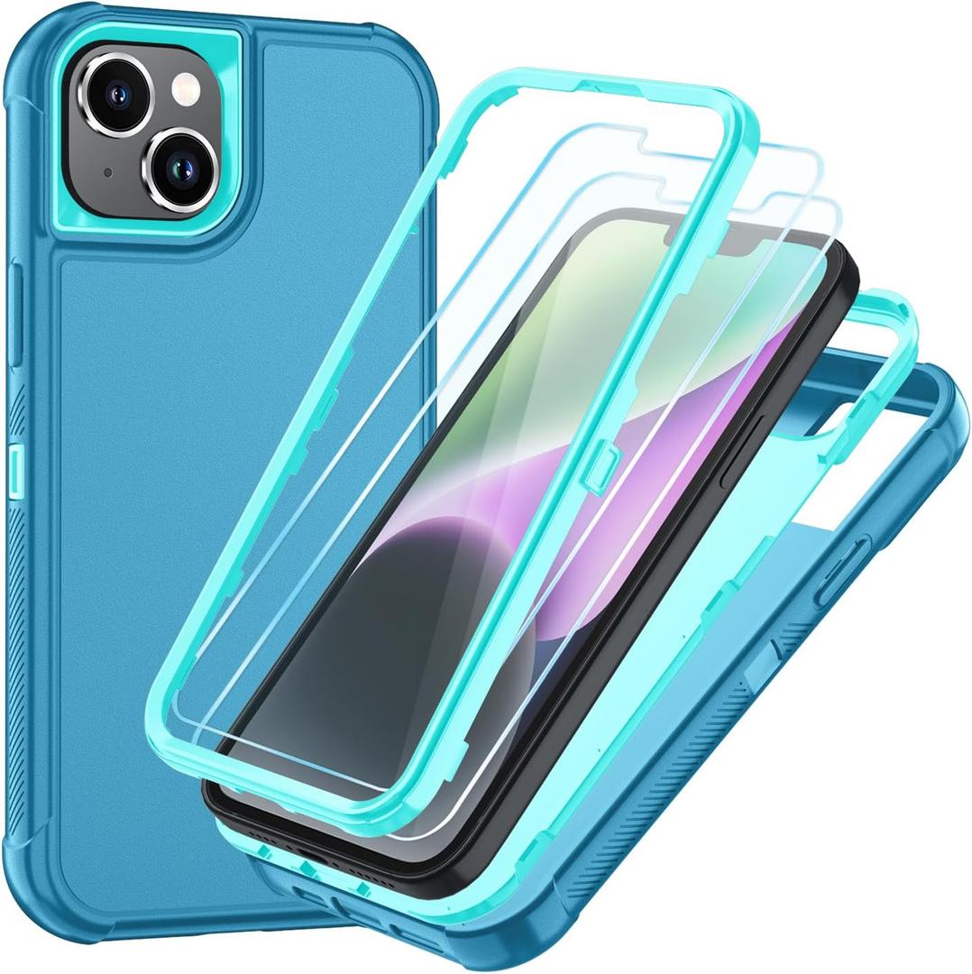 SunStory Compatible with iPhone 14 Plus Case with HD Screen Protector, 3-Layer Heavy Duty Full-Body Cover,3 in 1 Hybrid Protective Case for iPhone 14 Plus 6.7",LakeSkyBlue