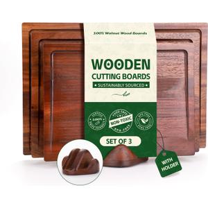 Walnut Wood Cutting Boards for Kitchen, 3 PCS Wooden Cutting Board Set with Holder Large to Small, Chopping Board Set with Deep Juice Grooves, Non Toxic Serving Tray, Perfect Mother's Day Gifts