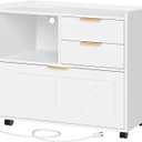 HOOBRO Lateral File Cabinet, Wooden Office Storage Drawers with Charging Station, Filing Cabinet for Home Office, A4/Letter/Legal-Sized Files, Printer Stand with Open Storage Spaces, White WT37UWJ01, 13.8"D x 31.5"W x 24.4"H