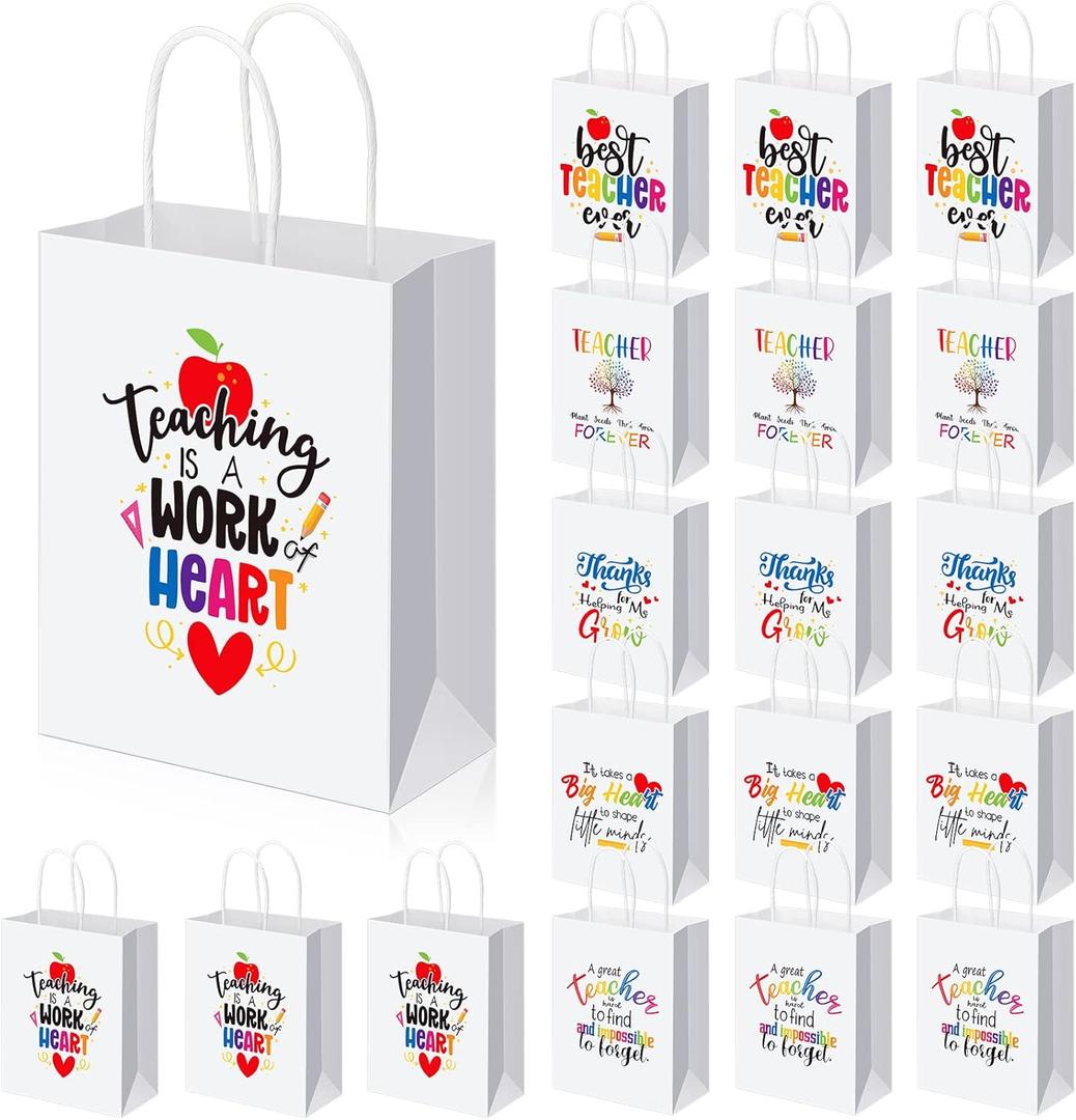 PerKoop 36 Pcs Teacher Appreciation Gift Paper Bag with Handles, Thank You Teacher Treat Present Bags for Teacher Appreciation Week, Birthday, Christmas Supplies(White)