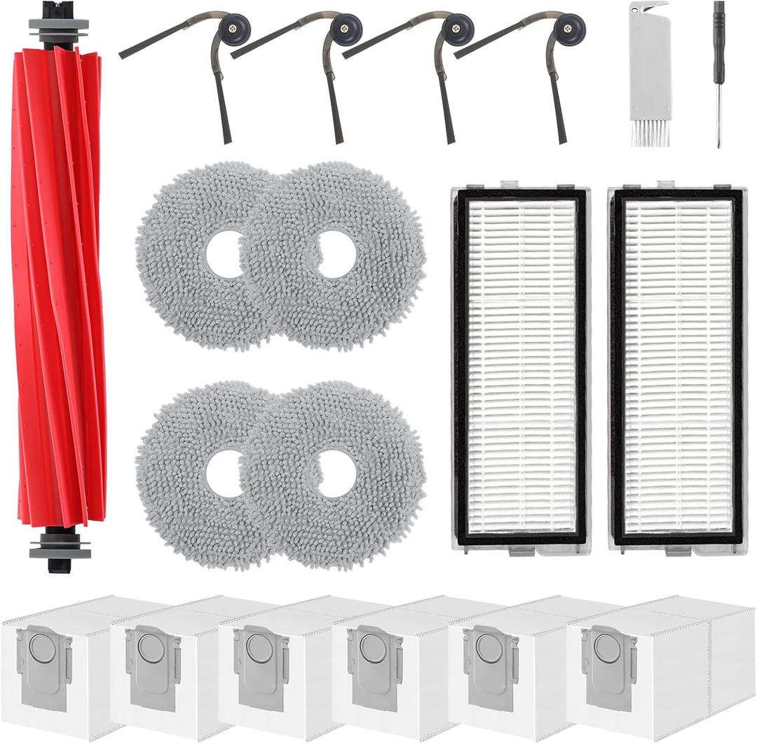 Accessories Replacement Kit for Roborock Qrevo Serie - QV 35A/QV 35S, QR 598/QR 798 Robot Vacuum, 1 Main Brush, 4 Mop Clothes, 2 Filters, 4 Side Brushes, 6 Dust Bags, 1 Cleaning Tool - 18 Pcs