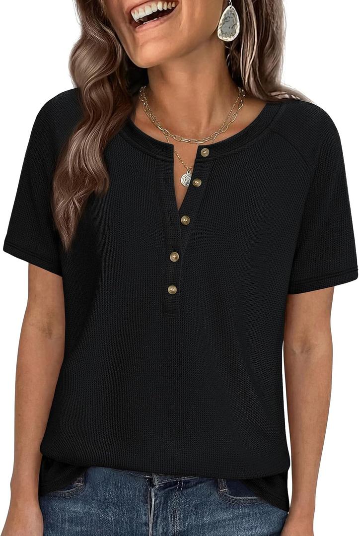 PRETTYGARDEN Waffle Knit Tops for Women Short Sleeve Henley Shirts 2026 Summer Blouses Dressy Casual Spring Fashion Clothes (Medium, Black)