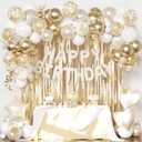 White and Gold Birthday Decorations for Women Girls, Pearl White Gold Foil Confetti Balloons Happy birthday Banner Gold Butterfly Fringe Curtains for Birthday Party Baptism Communion Decorations