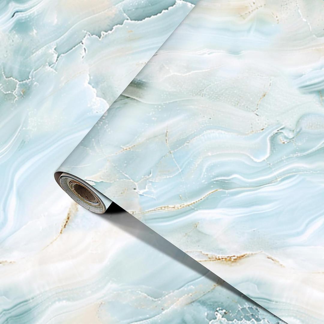 Light Cyan Marble Wallpaper Peel and Stick Wall Paper Wall Sticker Not Easy to Fall Off Waterproof and Thick No Curling Edges for Kitchen Bathroom Cabinet Shelf Decor 15.7"x39.4" (Seafoam Quartz)