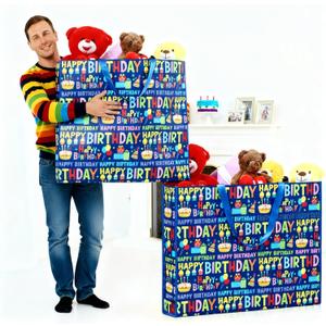 Pickmesh 1 Pcs Extra Large Birthday Bag 31.5x23.6x7.9 Inch Colorful Happy Birthday Gift Bag Oversize Non Woven Fabric Wrapping Pouch for Wedding Baby Shower Party Giant Present Wrap Supplies (Blue)