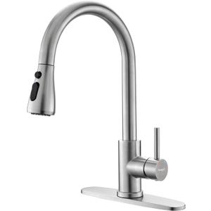 Ibergrif Kitchen Faucets with Pull Down Sprayer, Single Handle High Arc Brushed Nickel Stainless Steel 1 or 3 Hole Kitchen Sink Faucet with Deck for RV Laundry Farm house Bar