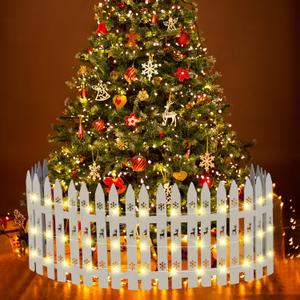 Sasylvia Christmas Wooden Tree Fence with LED String Light Xmas Wooden Picket Fence Holiday Indoor Garden Fence for Christmas Tree Garden Grass Lawn Party Decorations(Height 16 inch, Length 11 FT)