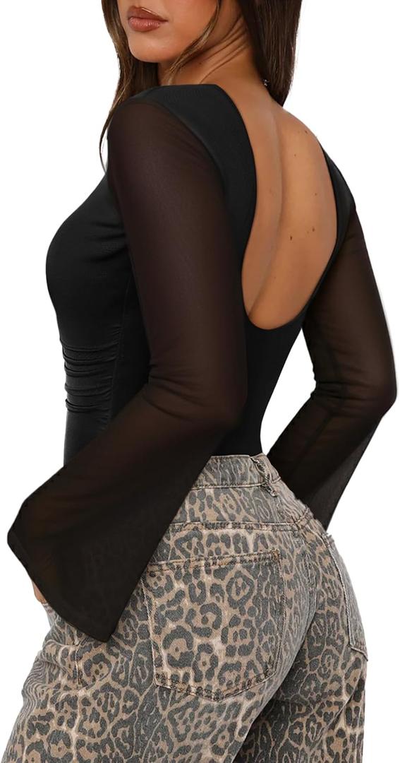 SAUNGKUAI Women's Bodysuits Backless Bell Sleeve Mesh Ruched Bodysuit Boat Neck Open Back Going Out Tops (Large, Black)