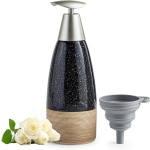 Ceramic Dish Soap Dispenser with 2 Pumps for Hand Soap, Shampoo, Lotion, Conditioner, 12 oz Refillable Soap Bottle with Silicone Funnel for Mother's Day Bathroom & Kitchen, Black