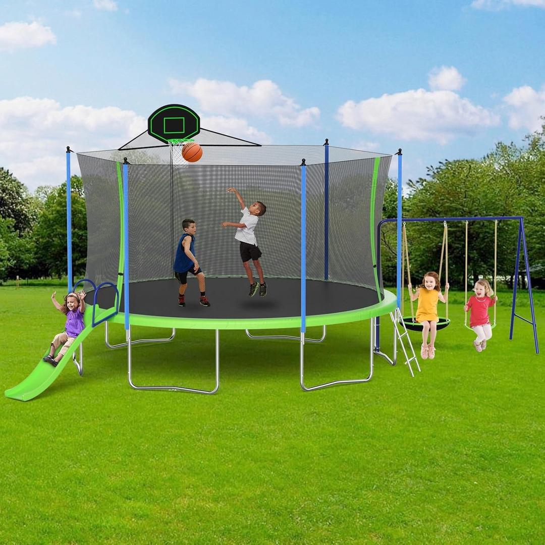 16ft 14ft 12ft Trampoline Outdoor for Kids and Adults, ASTM Approved Recreational Trampoline, Round Trampoline with Basketball Hoop & Enclosure Net for Backyard