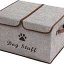 Geyecete Large Storage Boxes - Large Linen Fabric Foldable Storage Cubes Bin Box Containers with Lid and Handles for Dog Apparel & Accessories, Dog Coats, Dog Toys, Dog Clothing(Grey) (Gray)