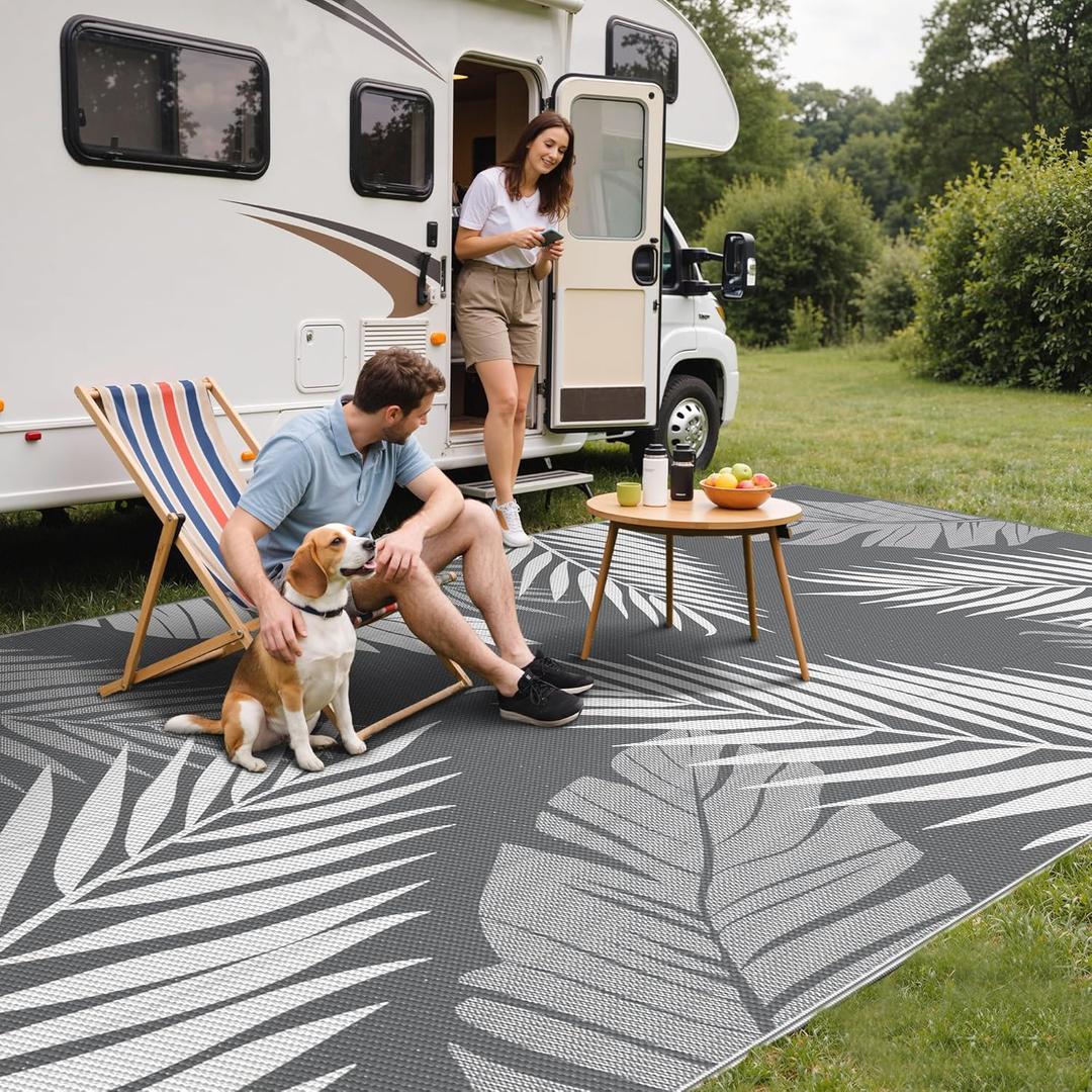 GENIMO Outdoor Rug 9' x 18' Waterproof for Patios Clearance, Reversible, Plastic Straw Camping Rug Carpet, Large Area Rugs Mats for RV, Picnic, Backyard, Deck, Balcony, Porch, Beach, Grey&White