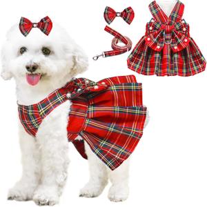 Dog Dress Bowknot Harness Leash Set for Small Dogs Girl Cute Plaid Dog Dress Pearls Bow Tie Spring Summer Princess Clothes Birthday Holiday Doggie Outfits for Puppy Cats Girl Apparel (Red, Small)