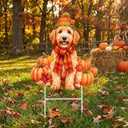 Fall Golden Doodle Decor Outdoor - Golden Doodle Decor Fall Dog Metal Yard Stakes Welcome Autumn Yard Sign for Home Decorations 26.2×12.5 Inch