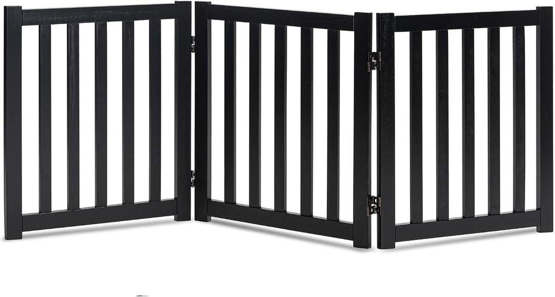 LZRS 3-Panel Wooden Free Standing Foldable Dog Gate Indoor 24" High,Step-Over Safety Pet Gate for Doorways, Stairs, Hallways, Indoor Dog Barrier for Small to Medium Dogs & Puppies, Black