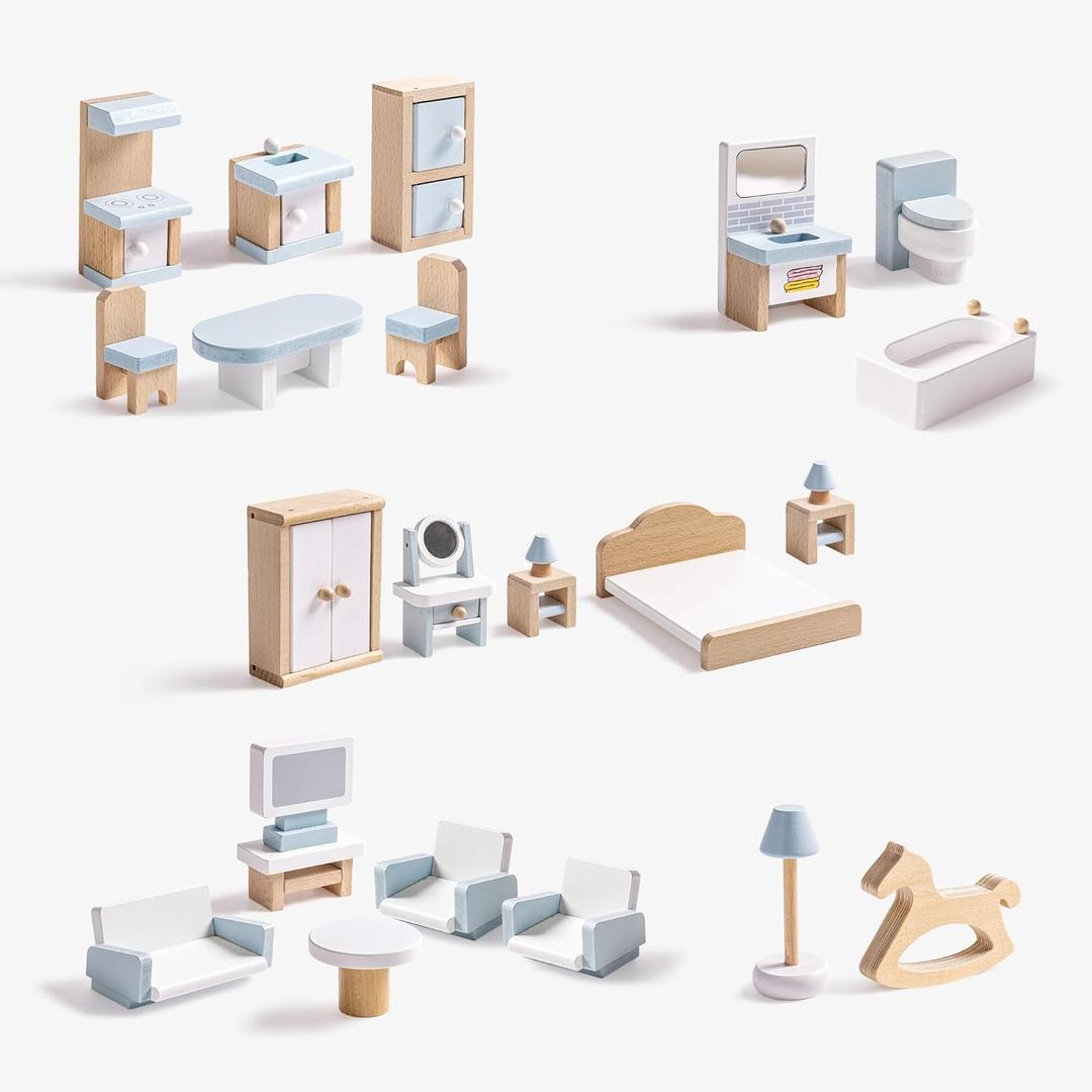 ROBOTIME Dollhouse Furniture, Wooden Doll House Furniture Set, 23 PCS Doll House Accessories and Furniture, Dollhouse Furniture Gift for Boys and Girls