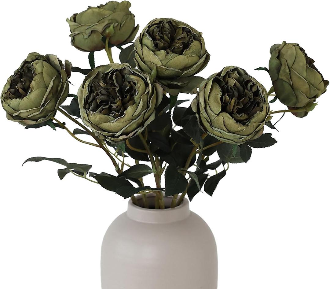mizii 6Pcs Burnt Green Artificial Roses Flowers Fake Silk Roses Flower with Long Stem for Wedding Decorations Table Centerpieces Flower Arrangement Home Decor (Burnt Green)