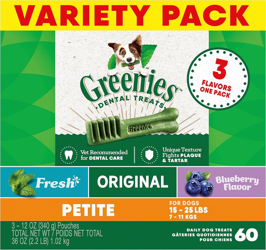 Greenies Petite Dental Dog Treats, 3-Flavor Variety Pack, (3) 12 oz. Pouches, 60 Total Treats (EXP 10/01/25)