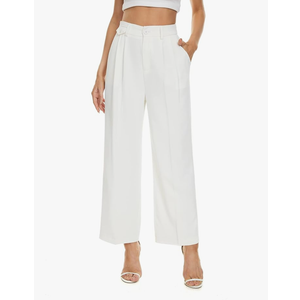FUNYYZO Women's Loose Pleated Front Long Pants Wide Leg Trousers Solid Causal Dressy Size L