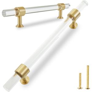 QOGRISUN 5-Pack Acrylic Cabinet Pulls with Brass Base, Gold Modern Drawer Handles, 5-inch Hole Center for Kitchen, Dresser Drawer Clear Glass Crystal Pulls, 7.7-inch Total Length