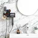 Hair Dryer Holder Wall Mount with Suction Cup, No-Drill Metal Blow Dryer Holder, Hair Accessories Tools Organizer Rack with 1 Toothbrush Hanger & Shelf, Walnut Finish for Bathroom