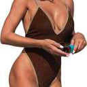 SweatyRocks Women's Tie Backless One Piece Swimsuit V Neck High Cut Bathing Suit Swimwear (Large, Brown)