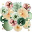 Sage Green and Dusty Pink Party Decorations Retro Olive Sage Green and Dusty Rose Party Decorations Cream Poms Beige Fans for Boho Pink Birthday Baby Shower Bridal Shower Wedding Engagement