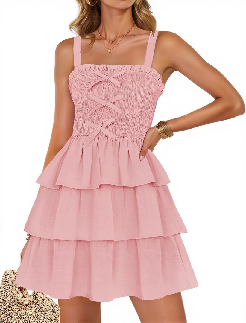ZESICA Women's Summer Sleeveless Ruffle Tiered Layered Mini Dresses 2025 Square Neck Smocked Short Beach Sundress, Pink, Large
