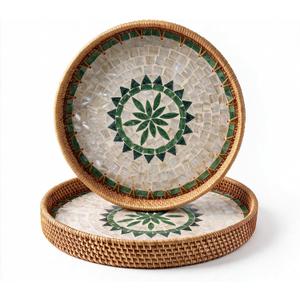 Round Rattan Tray Set with Shell Mosaic Design, Boho Serving Tray, Large Tray (13.78 × 1.09 in), Small Tray (11.81 × 1.18 in)