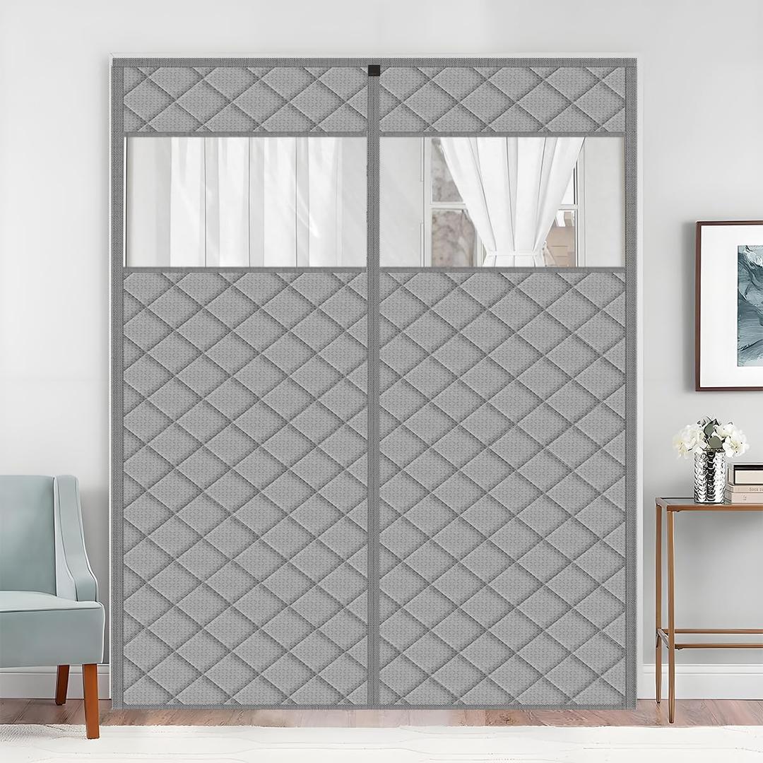 Thermal Door Curtain Fits Doors Size 64"x83"Curtain Size 67"x85", Magnetic Insulated Curtain Center Open, Visible Panels, Keep Warm in Winter Cool in Summer, Diamond Pattern, Gray