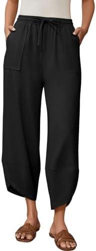 grewley Womens Barrel Harem Linen Pants Wide Leg Pants Baggy Sweatpants Palazzo Drawstring Elastic Waist with Pockets Beach XXL