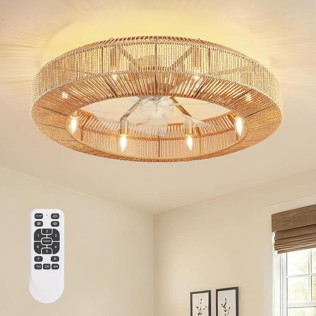 Siljoy 31.5" Boho Ceiling Fan, Low Profile Rattan Ceiling Fans with Lights and Remote, Flush Mount Caged Fandelier Ceiling Fan, Woven Farmhouse Enclosed Chandelier with Fan for Bedroom Living Room