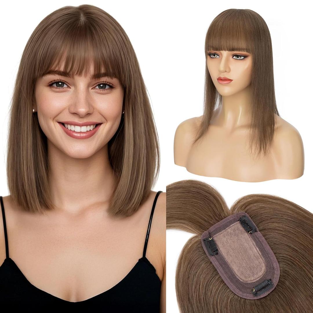 S-noilite Human Hair Toppers for Women with Bangs 100% Real Human Hairpiece 5"x3" Clip in Silk Base Topper Piece Cover Thinning Fine Hair 10 inch Chestnut Brown
