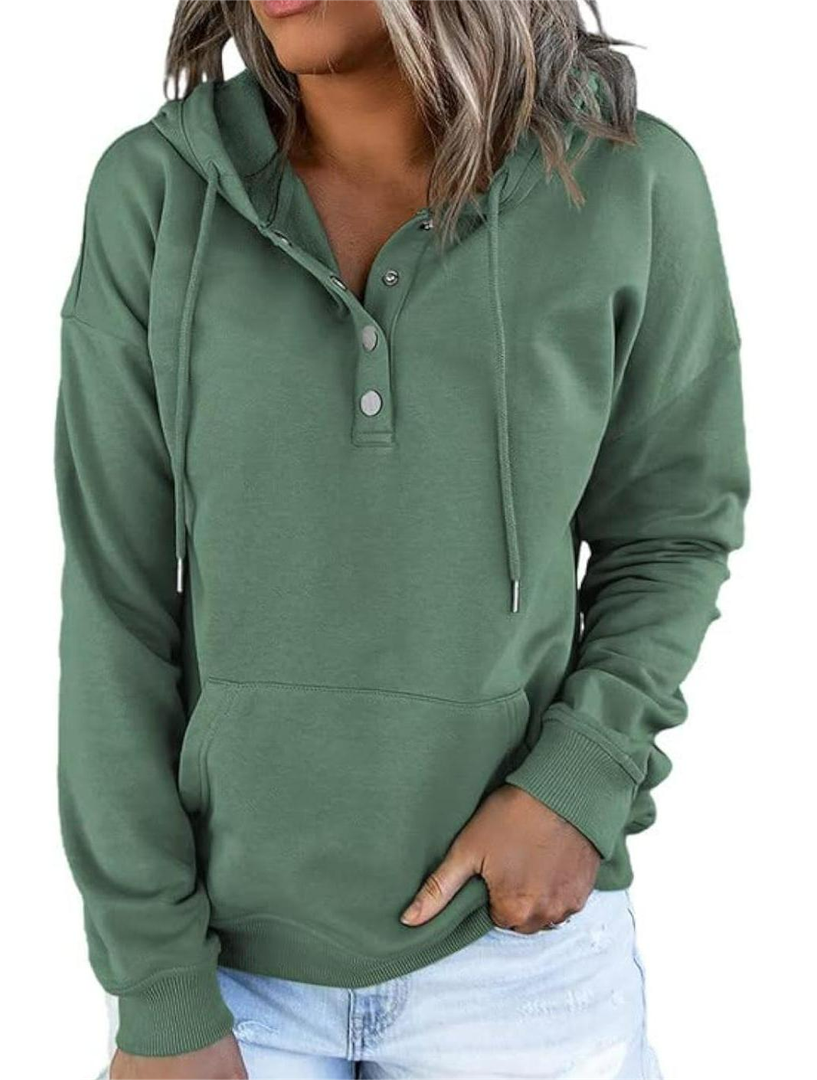Dokotoo Womens 2025 Hoodies Button Collar Drawstring Hooded Pullover Sweatshirt Casual Long Sleeve Tops Shirts Avocado Green Size Large