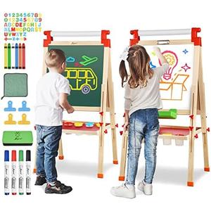JOYOOSS Kids Wooden Easel with Paper Roll - Adjustable Magnetic Double Sided Drawing Board Whiteboard & Chalkboard Dry Easel Board,Children Art Easel for 3~12 Years Kids Boys Girls Painting Drawing