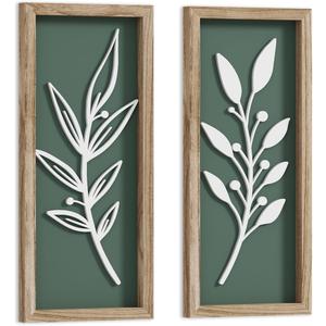 3D Wooden Leaf Sage Green Boho Wall Art (Set of 2) Lightweight, Vintage Framed Bathroom Botanical Wall Art for Bedroom, Living Room, Kitchen, Office and Hallway Decorations