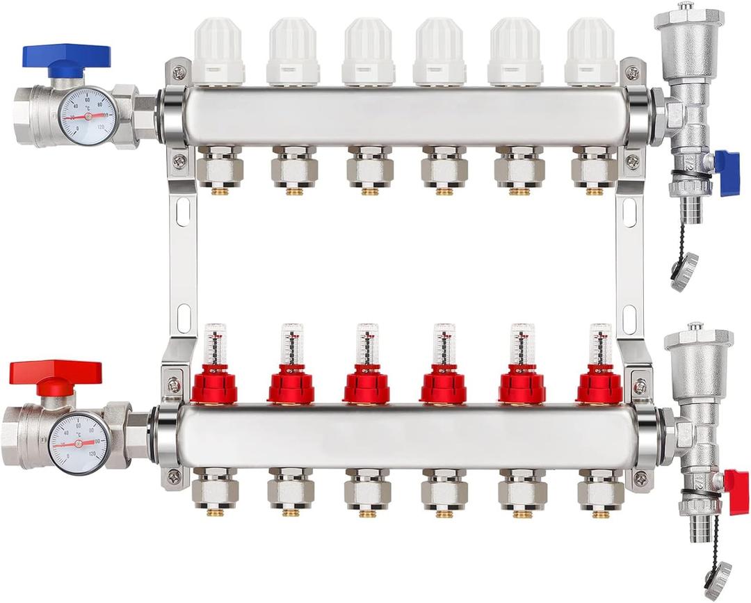 6-Branch PEX/Radiant Heat Manifold1/2" PEX Tubing Manifold,304 Stainless Steel Floor Heat Manifold Kit with 1/2" Adapters Included for Hydronic Radiant Floor Heating (6-Loop)