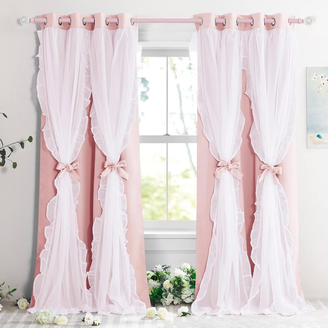 PONY DANCE Pink Curtains, Double Layer Bow Curtains with Ruffle Sheer Overlay for Girls Bedroom,Shabby Chic Room Darkening Drapes in Coquette Style,Blush Pink,52x84 inch, 2 PCs