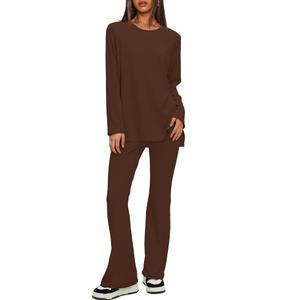 Darong Casual 2 Piece Sets For Women Fall Outfits 2025 Long Sleeve Tunic Top Flare Pants Matching Lounge Set 9218A Coffee, Large