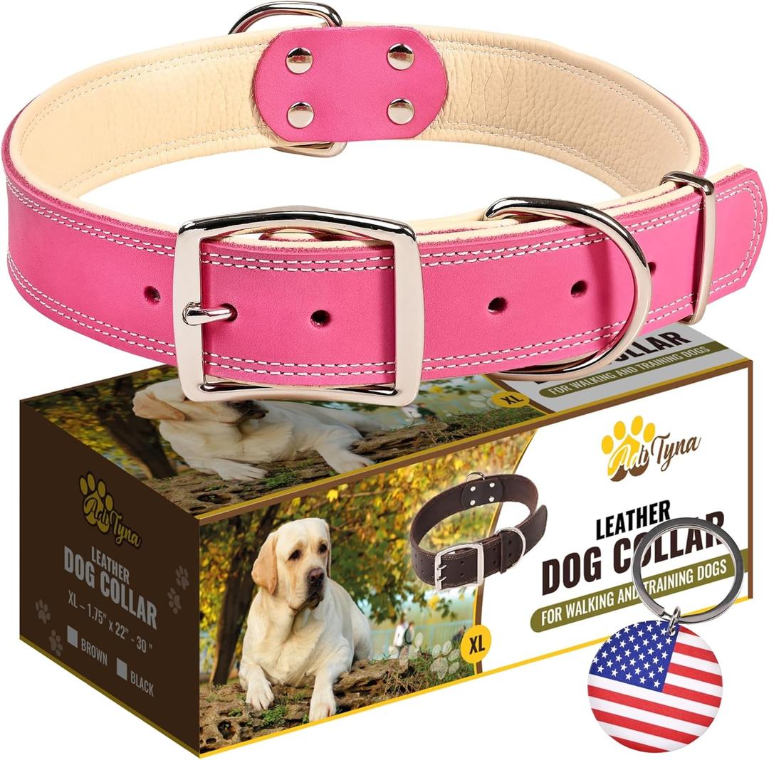 ADITYNA Heavy-Duty Pink Leather Dog Collar for Extra-Large Dogs - Soft Padded for Comfort - Big Girl Dog Collar for Walking, Training, and Hiking (Extra-Large: Fit 22-30" Neck)