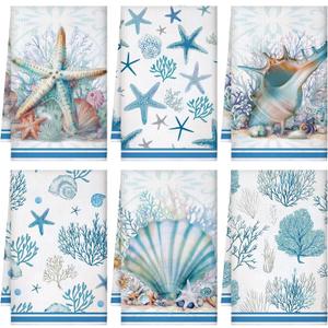 Boyiee Set of 6 Beach Kitchen Towels Coastal Ocean Dish Towels Sea Nautical Tea Towels Absorbent 24 x 16 Inches Shell Coral Starfish Hand Towels Summer Gifts for Farmhouse Kitchen Bathroom Decorations