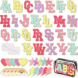 Iron on Chenille Letters Patches, 72 Pcs Self Adhesive Patches Alphabets 2.2 Inch Sew on Patches Varsity Initial Fabric Stickers Fuzzy Towel Embroidered Patches for Clothing Caps