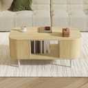 FROMJBEST 39.17" Oval Coffee Table with Sliding Doors, Mid-Century, Oak