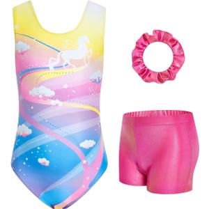 JiAmy Girls Gymnastics Leotards, Glitter Ballet Dance Unitards Biketards Activewear with Short & Hairband for Kids